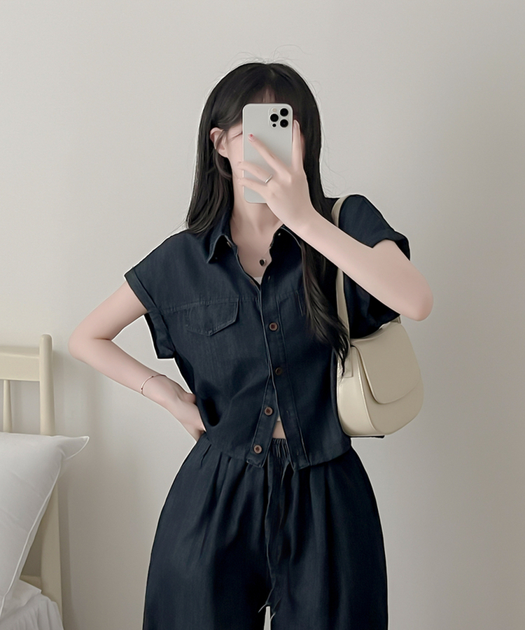 【SET】デニムロールアップ半袖シャツ＋ワイドパンツ DEEP DENIM