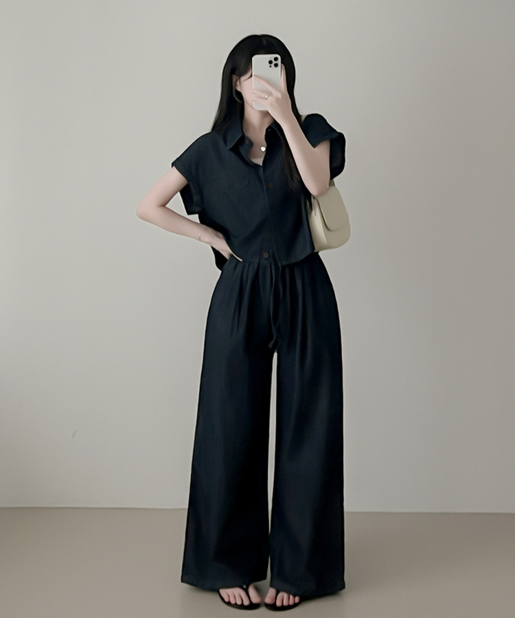【SET】デニムロールアップ半袖シャツ＋ワイドパンツ DEEP DENIM