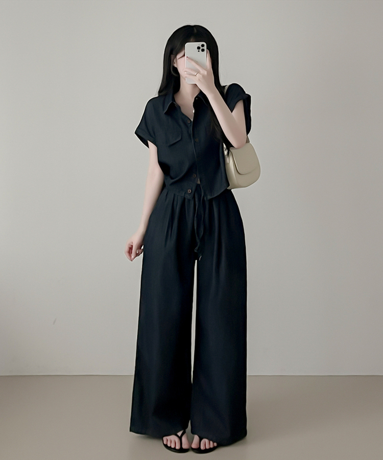 【SET】デニムロールアップ半袖シャツ＋ワイドパンツ DEEP DENIM