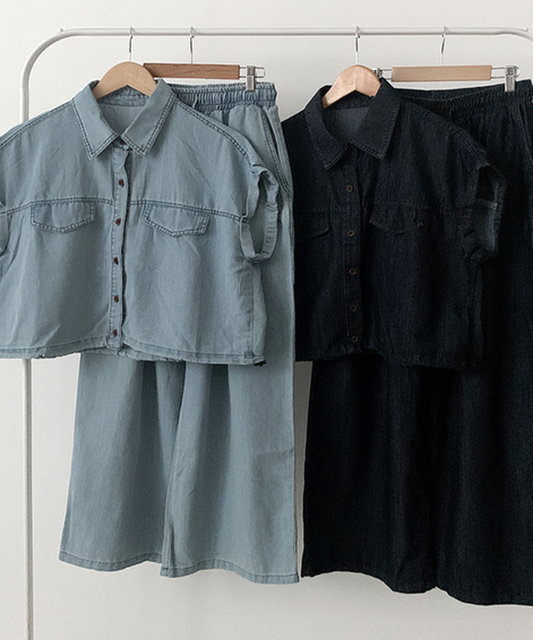 【SET】デニムロールアップ半袖シャツ＋ワイドパンツ