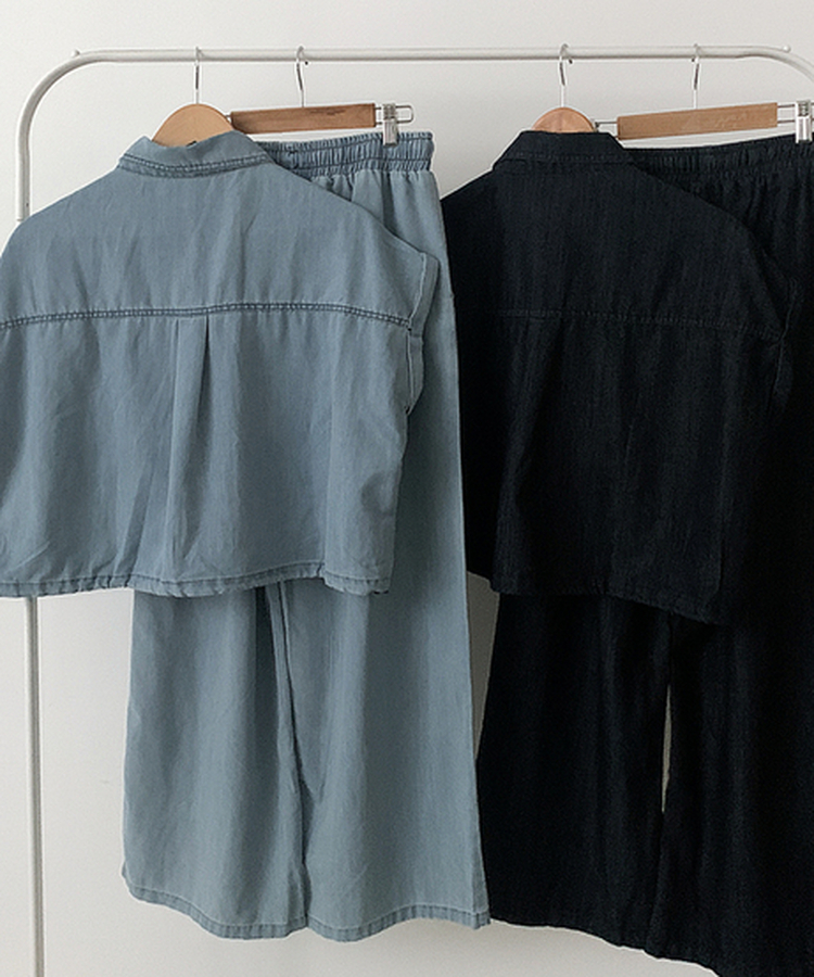 【SET】デニムロールアップ半袖シャツ＋ワイドパンツ