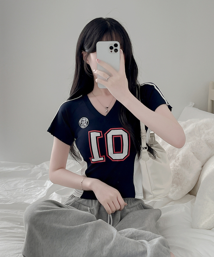 ナンバーVネックトラックライン半袖Tシャツ NAVY