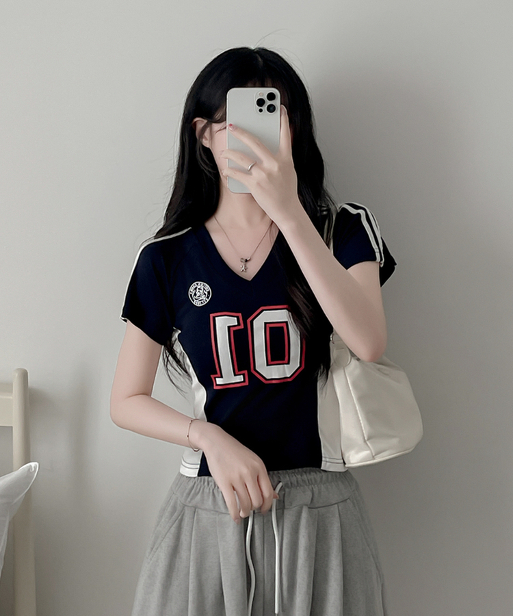 ナンバーVネックトラックライン半袖Tシャツ NAVY