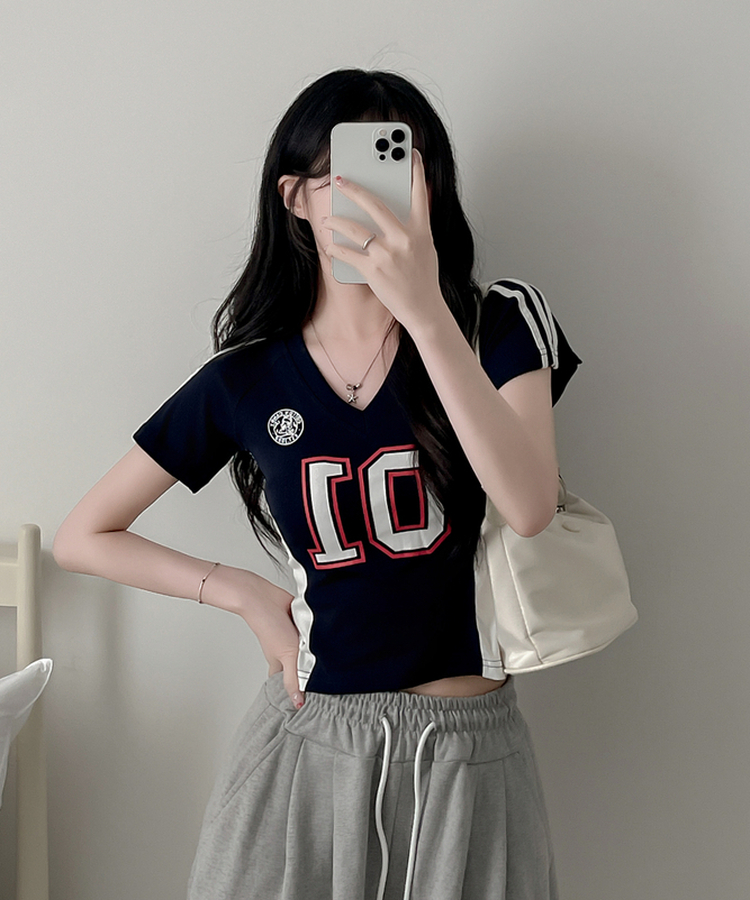 ナンバーVネックトラックライン半袖Tシャツ NAVY