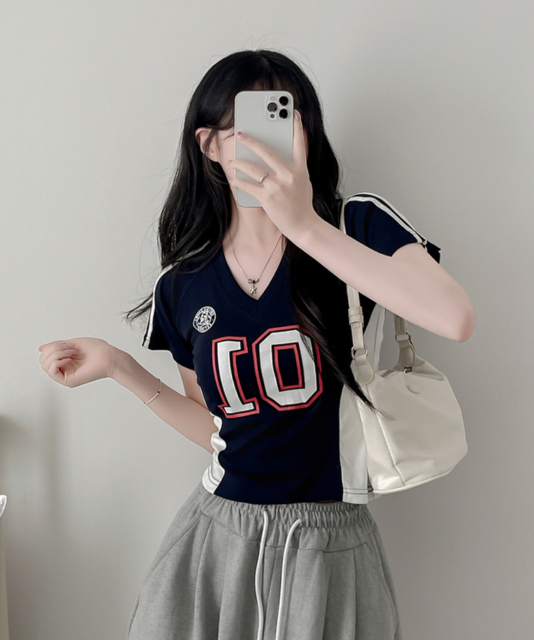 ナンバーVネックトラックライン半袖Tシャツ NAVY