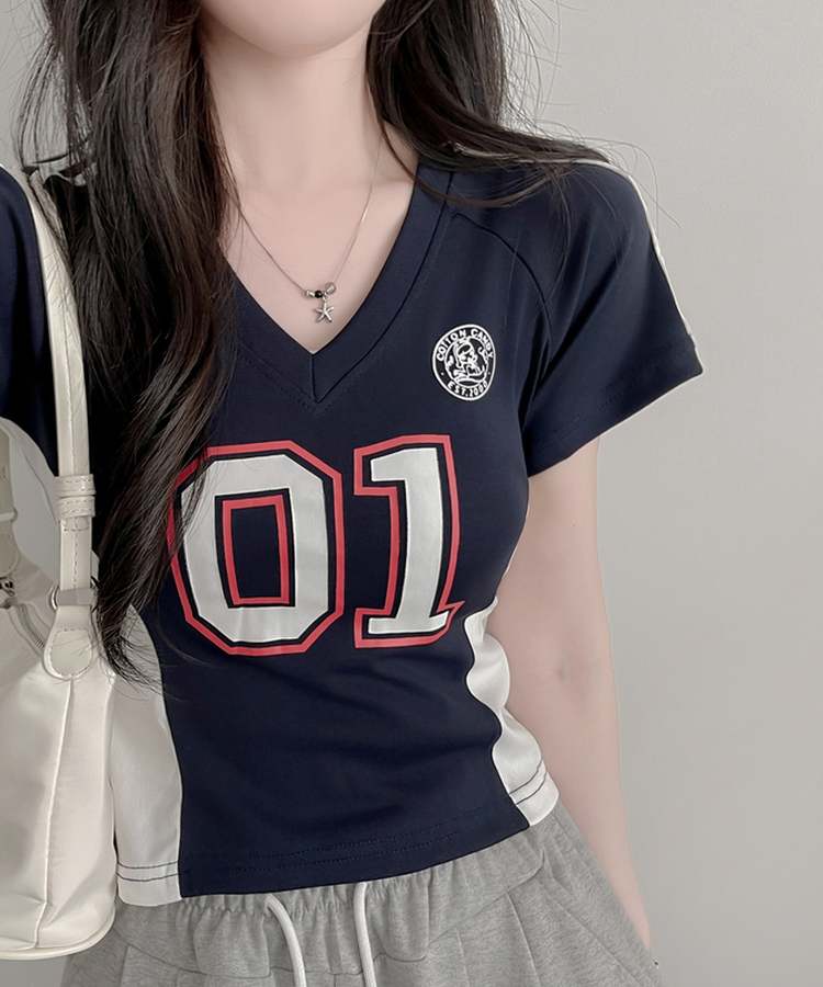ナンバーVネックトラックライン半袖Tシャツ NAVY