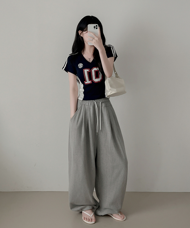 ナンバーVネックトラックライン半袖Tシャツ NAVY