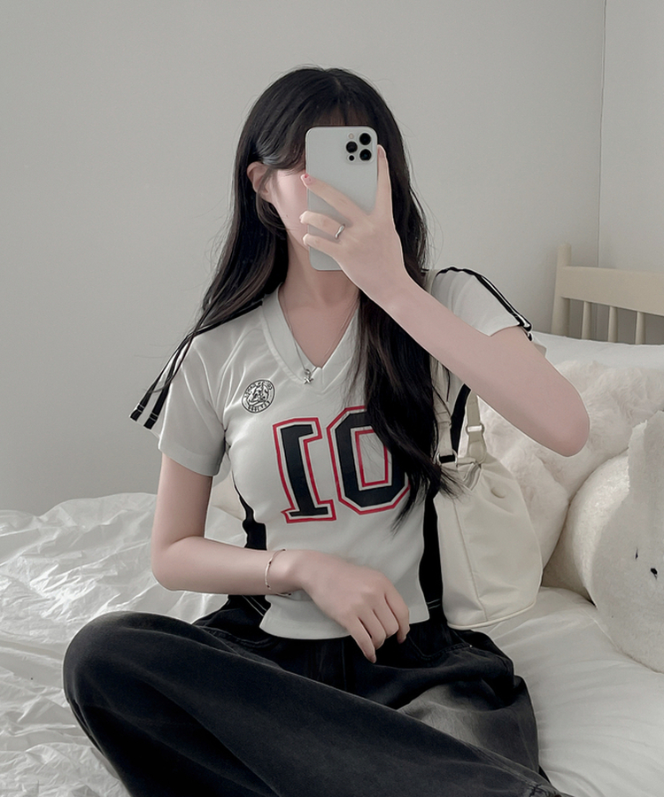 ナンバーVネックトラックライン半袖Tシャツ IVORY