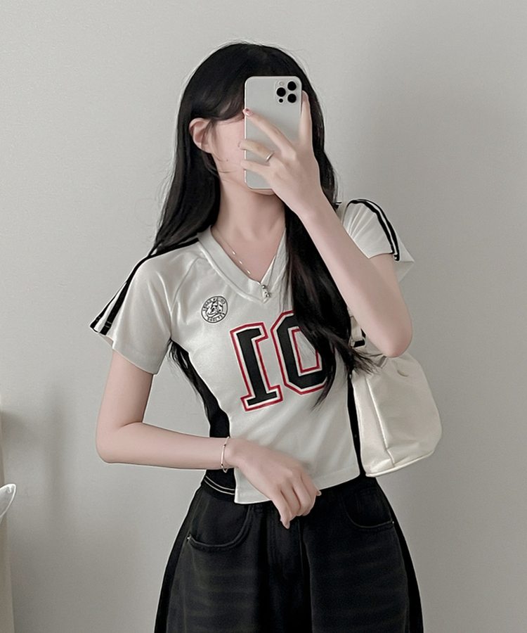 ナンバーVネックトラックライン半袖Tシャツ IVORY