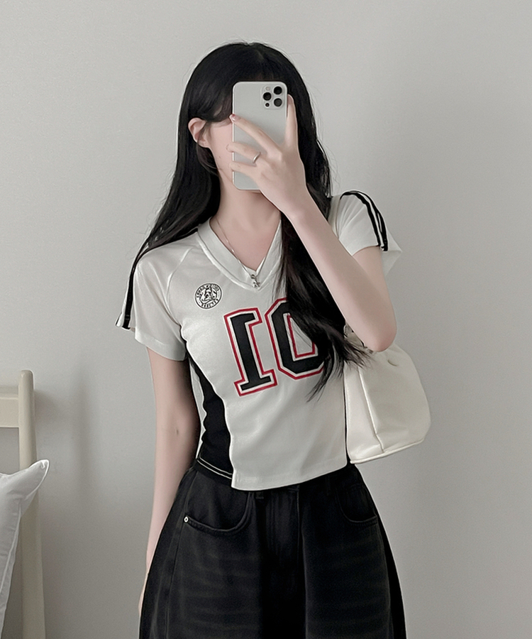 ナンバーVネックトラックライン半袖Tシャツ IVORY