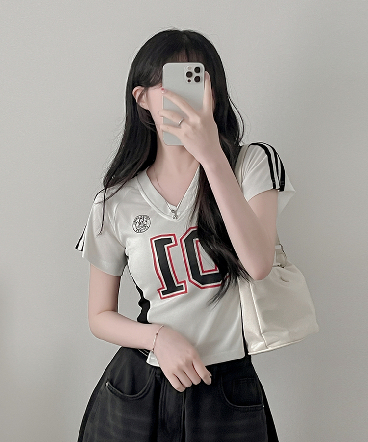 ナンバーVネックトラックライン半袖Tシャツ IVORY