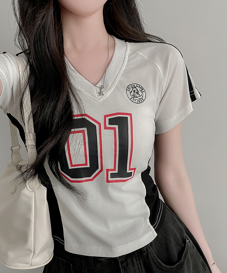 ナンバーVネックトラックライン半袖Tシャツ IVORY