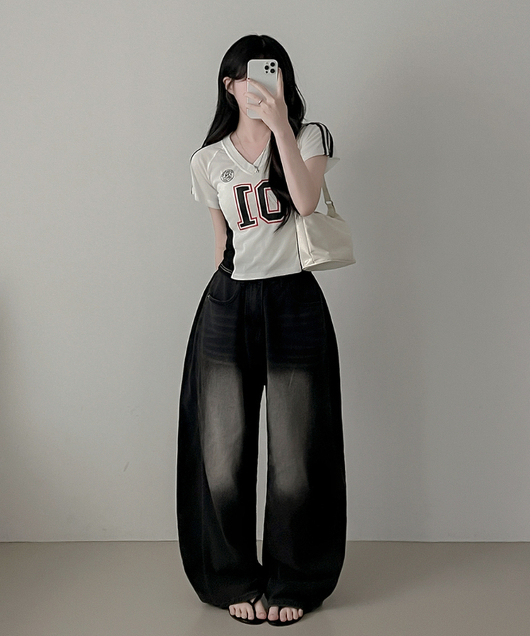 ナンバーVネックトラックライン半袖Tシャツ IVORY