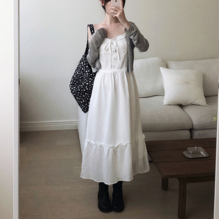 シャーリングフリルレースキャミソールワンピース WHITE