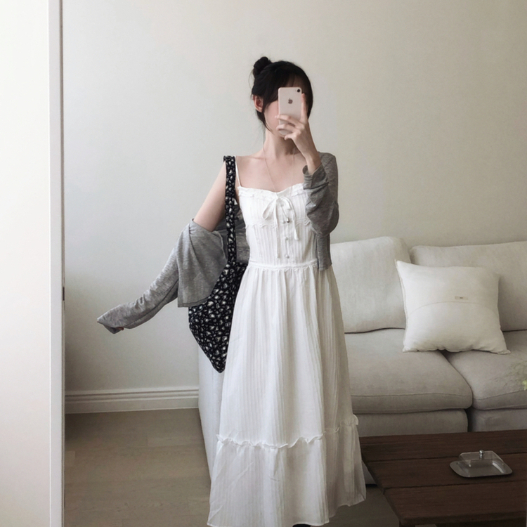 シャーリングフリルレースキャミソールワンピース WHITE