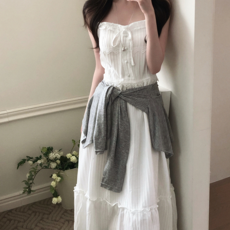 シャーリングフリルレースキャミソールワンピース WHITE