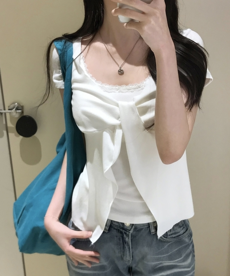 로티 리본 레이스 레이어드 반팔티셔츠 4color 화이트
