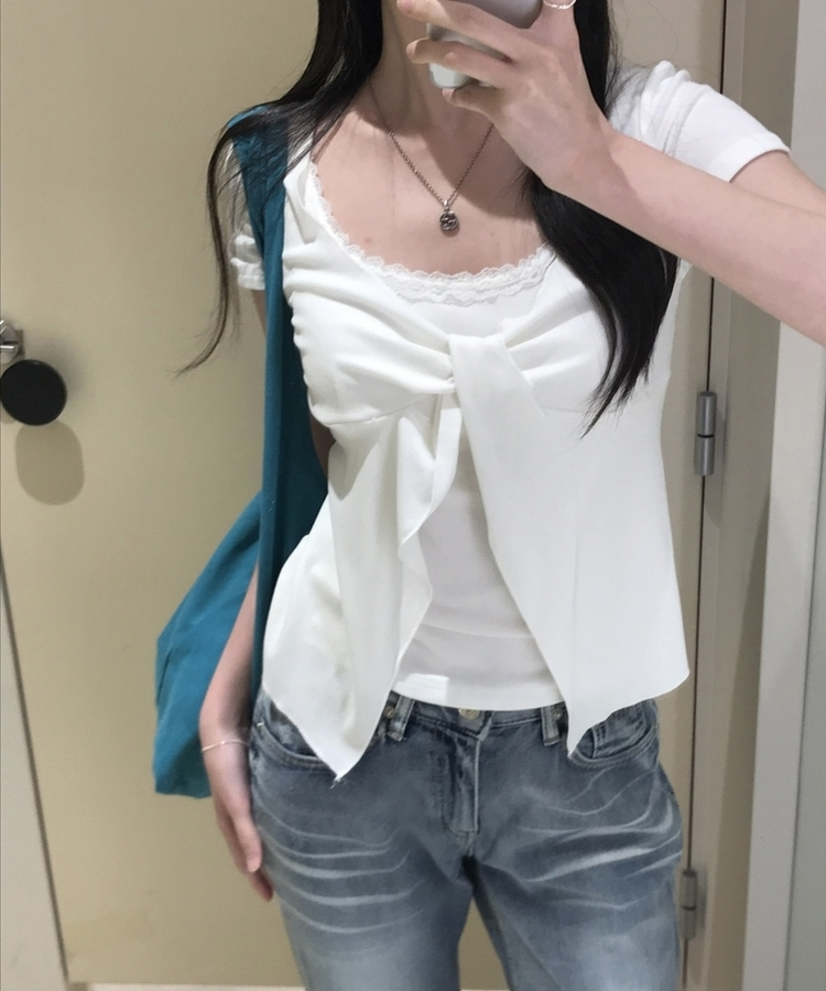 로티 리본 레이스 레이어드 반팔티셔츠 4color 화이트