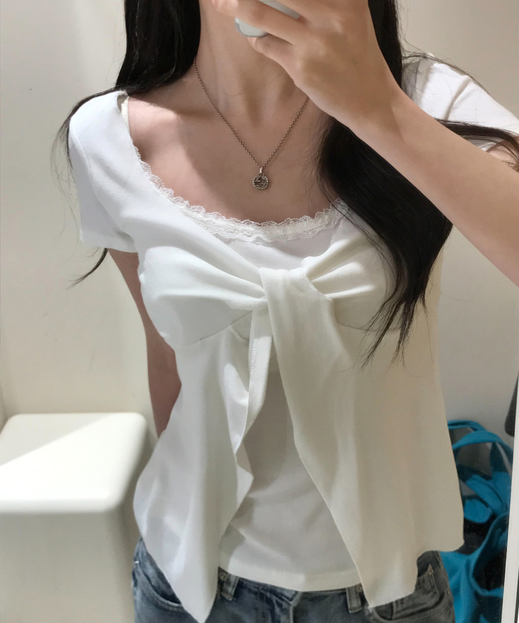 로티 리본 레이스 레이어드 반팔티셔츠 4color 화이트