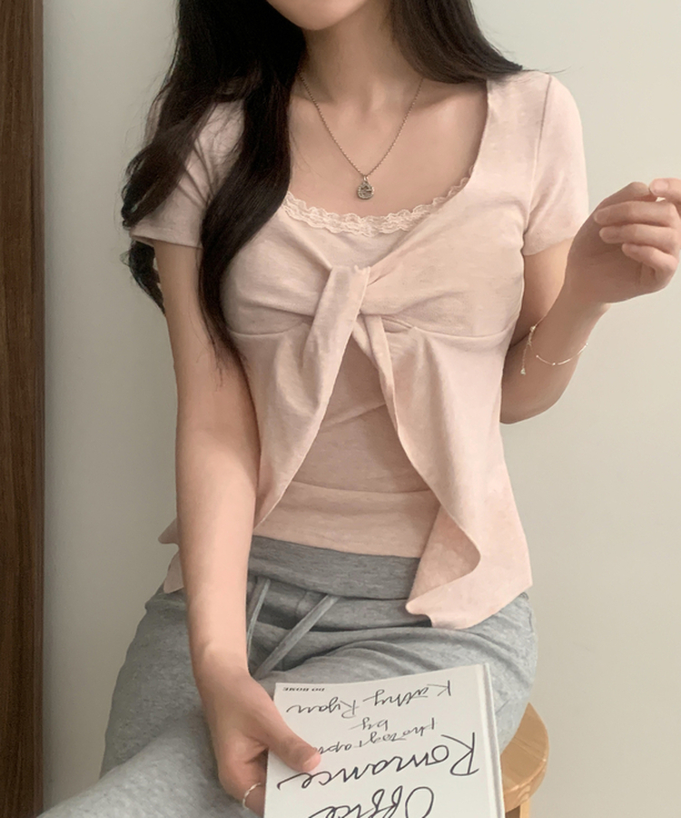 로티 리본 레이스 레이어드 반팔티셔츠 4color 핑크