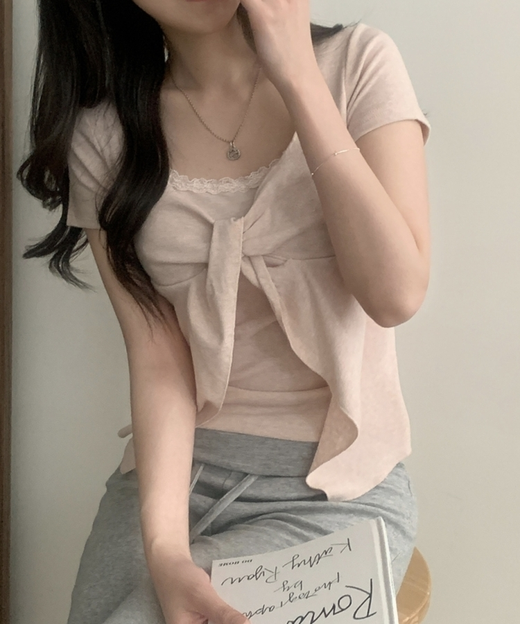 로티 리본 레이스 레이어드 반팔티셔츠 4color 핑크