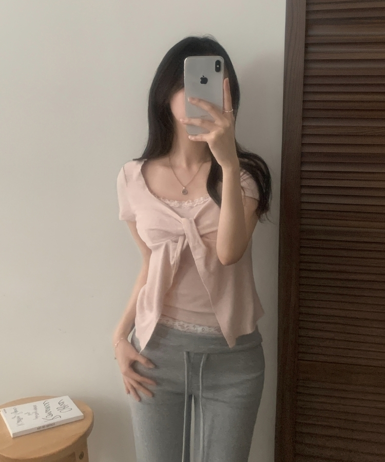 로티 리본 레이스 레이어드 반팔티셔츠 4color 핑크