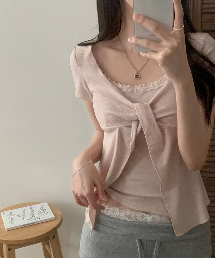 로티 리본 레이스 레이어드 반팔티셔츠 4color 핑크