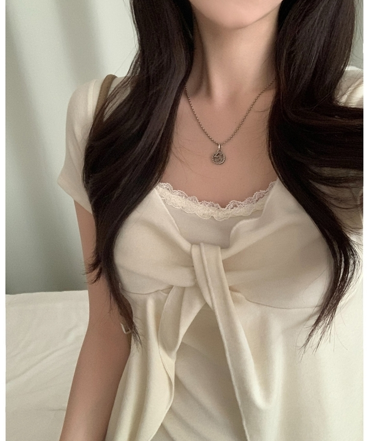 로티 리본 레이스 레이어드 반팔티셔츠 4color 아이보리