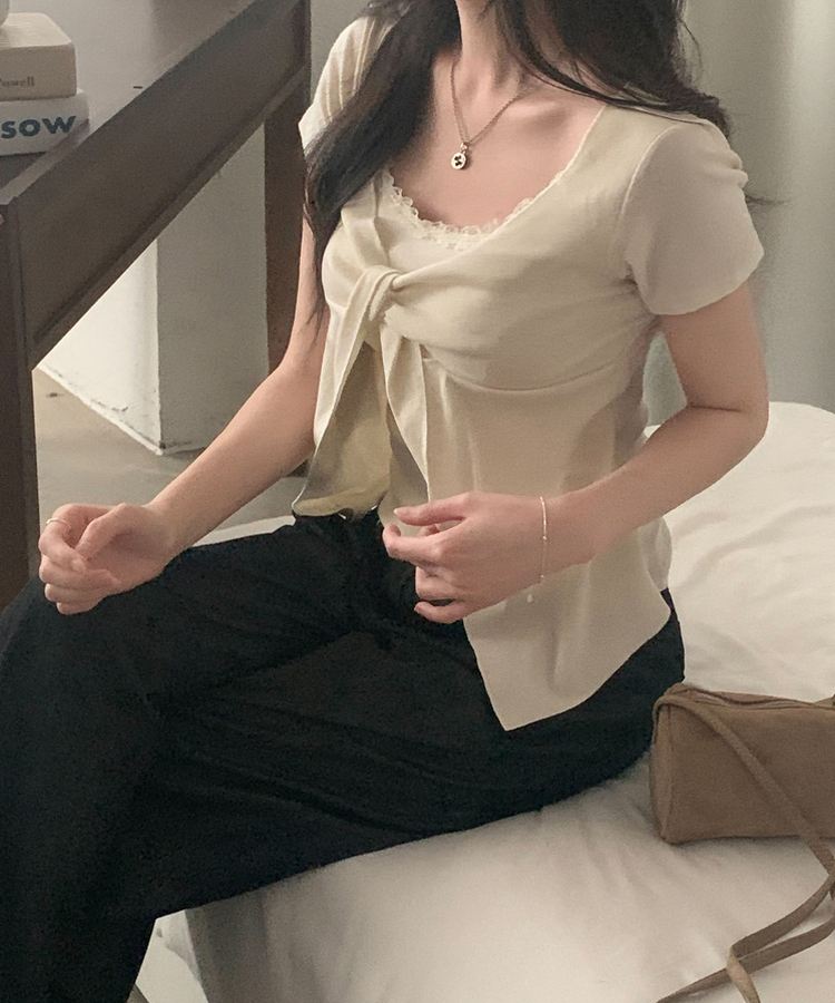 로티 리본 레이스 레이어드 반팔티셔츠 4color 아이보리