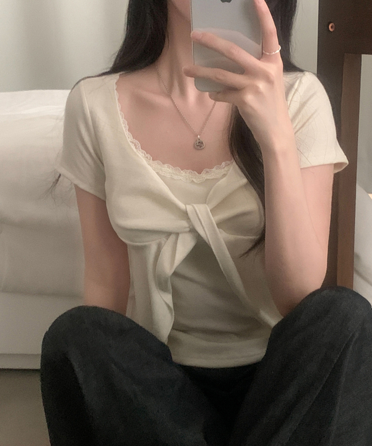 로티 리본 레이스 레이어드 반팔티셔츠 4color 아이보리
