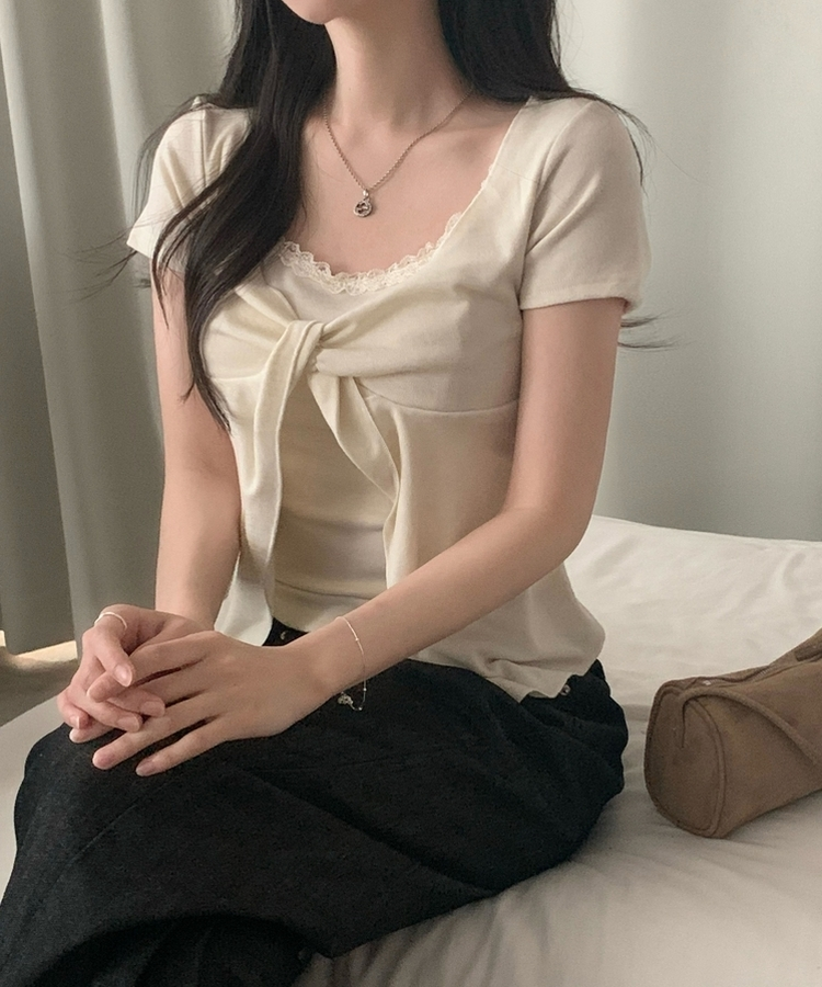 로티 리본 레이스 레이어드 반팔티셔츠 4color 아이보리