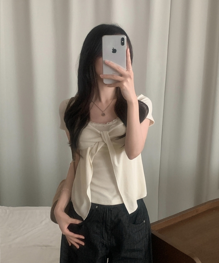 로티 리본 레이스 레이어드 반팔티셔츠 4color 아이보리