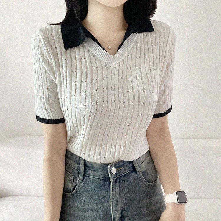 シャツレイヤードケーブル半袖ニット IVORY