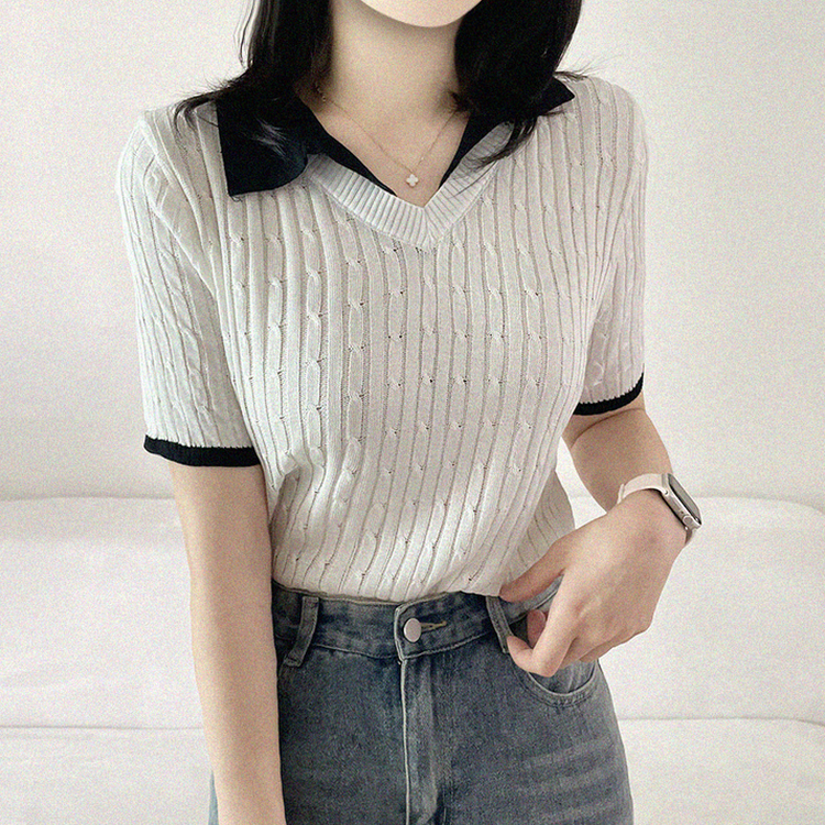 シャツレイヤードケーブル半袖ニット IVORY