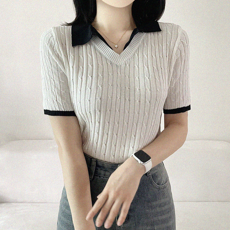 シャツレイヤードケーブル半袖ニット IVORY