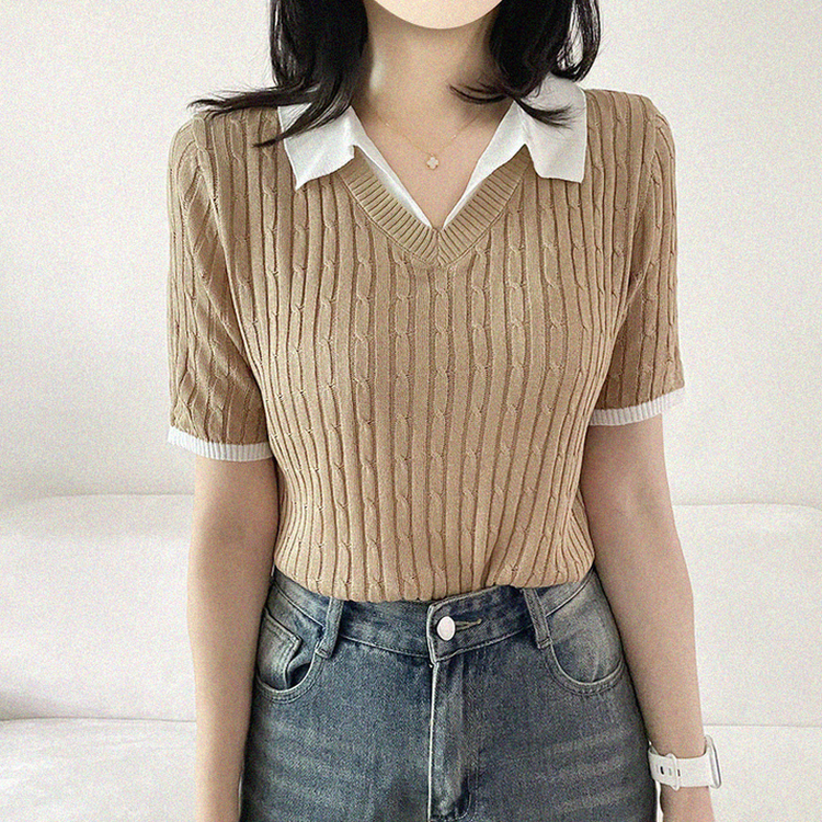 シャツレイヤードケーブル半袖ニット BEIGE