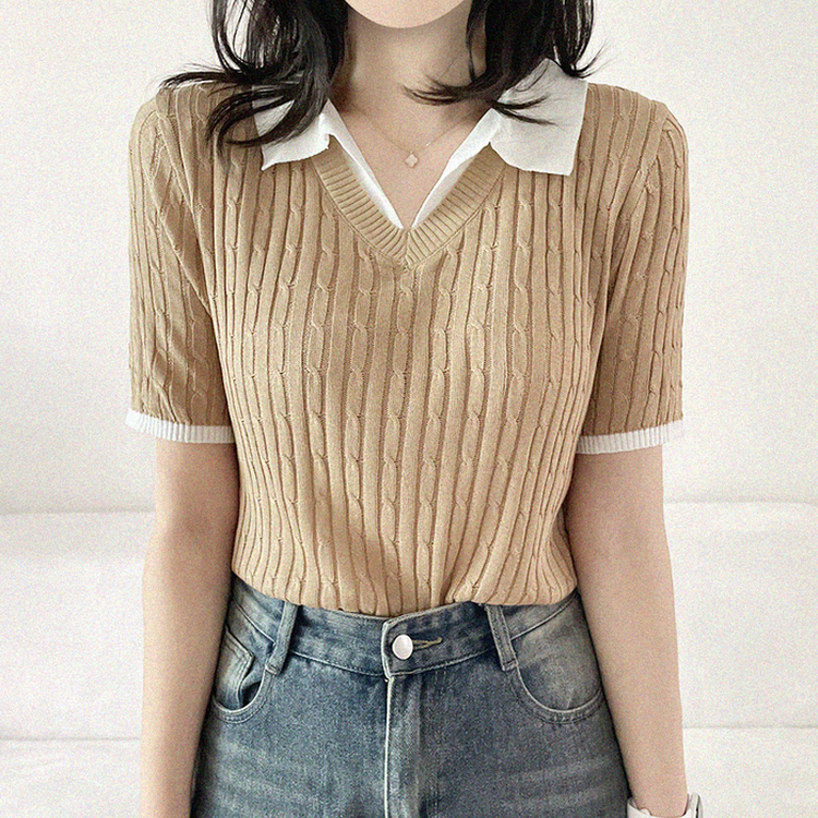 シャツレイヤードケーブル半袖ニット BEIGE