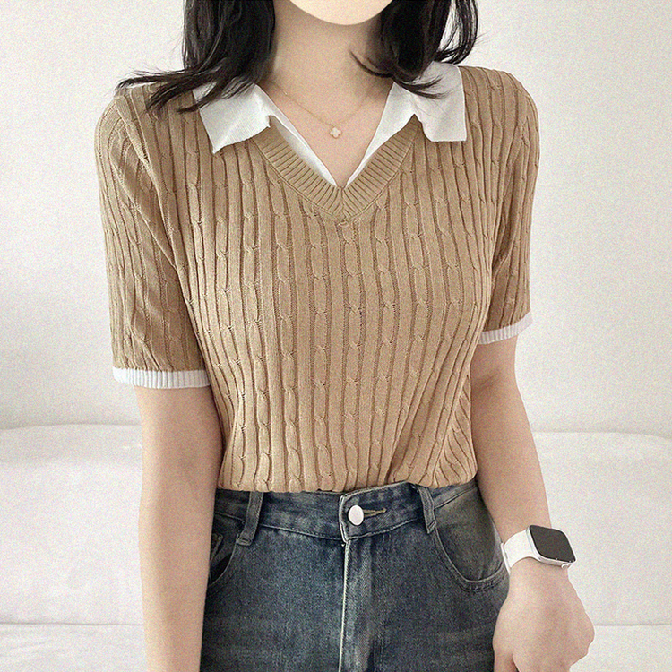 シャツレイヤードケーブル半袖ニット BEIGE