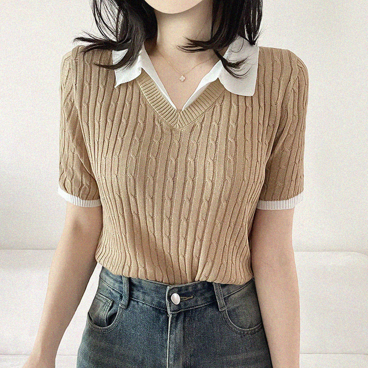 シャツレイヤードケーブル半袖ニット BEIGE