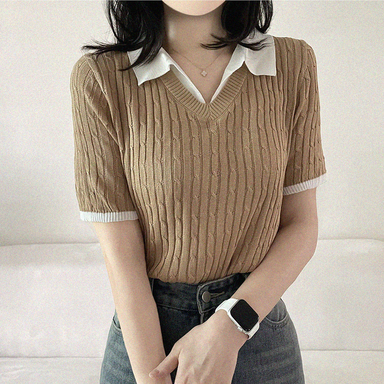 シャツレイヤードケーブル半袖ニット BEIGE