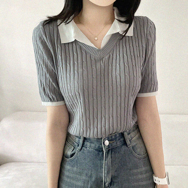 シャツレイヤードケーブル半袖ニット GRAY