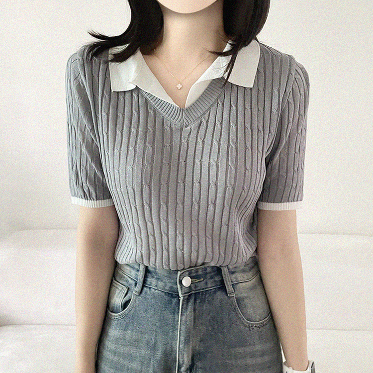 シャツレイヤードケーブル半袖ニット GRAY