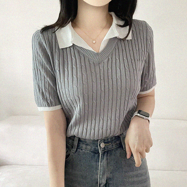 シャツレイヤードケーブル半袖ニット GRAY