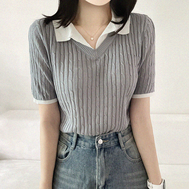 シャツレイヤードケーブル半袖ニット GRAY