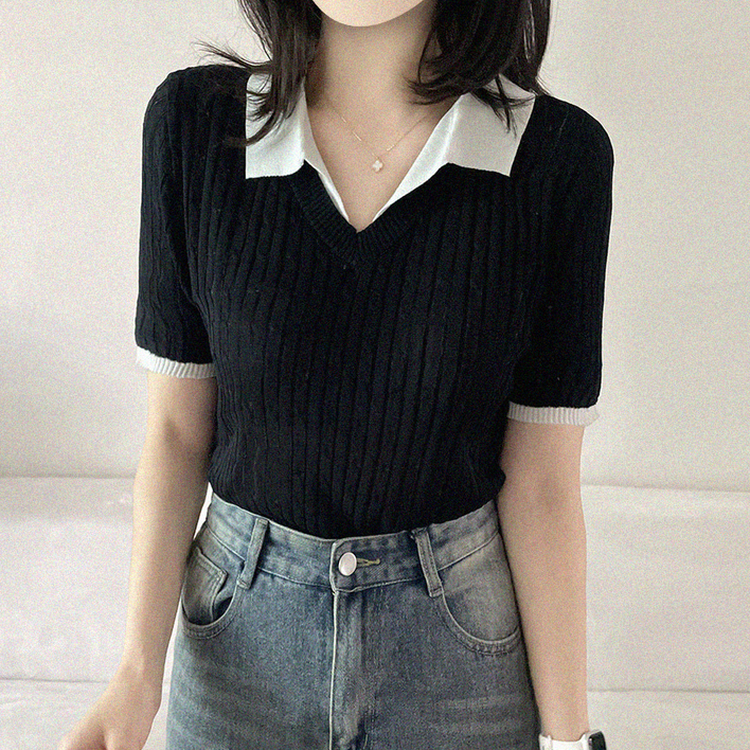 シャツレイヤードケーブル半袖ニット BLACK