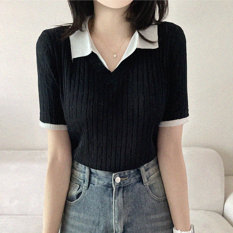 シャツレイヤードケーブル半袖ニット BLACK