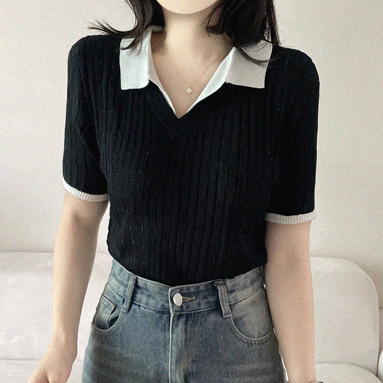 シャツレイヤードケーブル半袖ニット BLACK