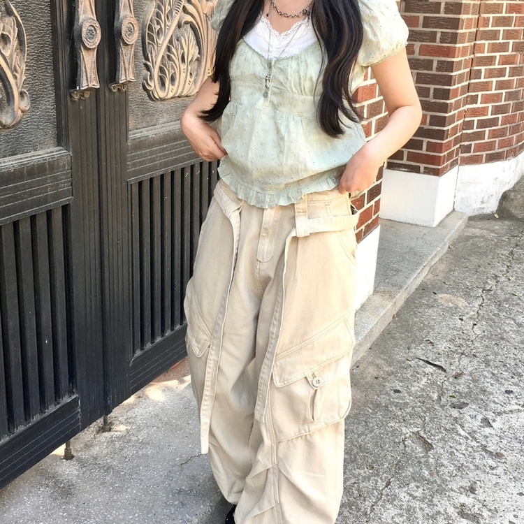 ローライズカーゴポケットピンタックワイドパンツ BEIGE