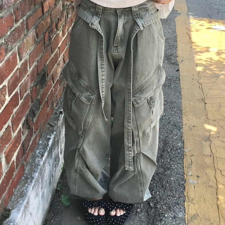 ローライズカーゴポケットピンタックワイドパンツ KHAKI