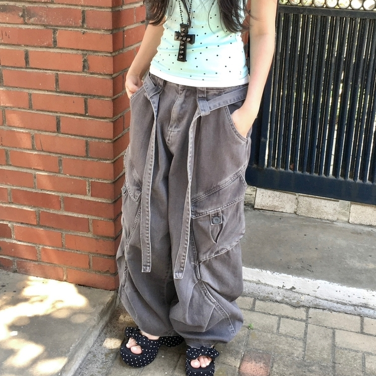 ローライズカーゴポケットピンタックワイドパンツ CHARCOAL